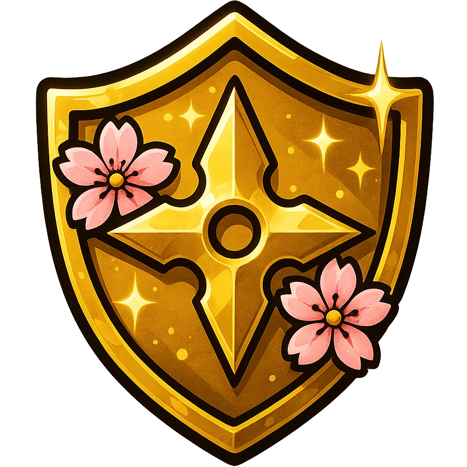 Anime-inspired Japanese style badge for Gold rank: traditional crest shape with gold and yellow gradient, sakura (cherry blossom) accents, ninja star, bold highlights and shadows, sparkly effects, no text, sized for Twitch or Discord use, transparent background. emoji