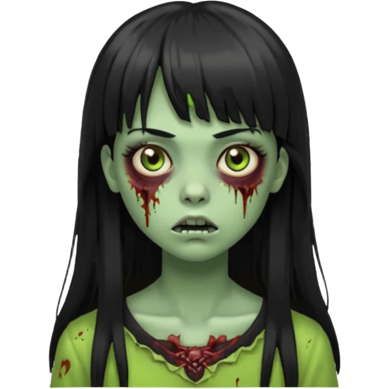 Zombie emoji girl, light green skin, black straight long hair with bangs emoji