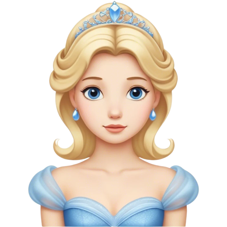 Cinematic Timeless Cinderella Portrait Emoji, rendered in a realistic, simplified vector style. Depict a classic Cinderella with delicate fair skin, beautifully styled blonde hair, and a calm, content expression, dressed in her iconic gown. The design is highlighted by a soft glowing outline and gentle, enchanting luminosity, capturing the essence of pure fairy-tale elegance. emoji