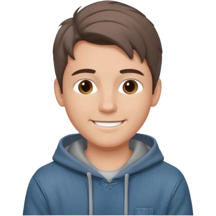Handsome boy (fair-skinned) who has dressed up. He is wearing jeans and a gray hoodie, with a middle part hairstyle, and his hair color is brown. emoji