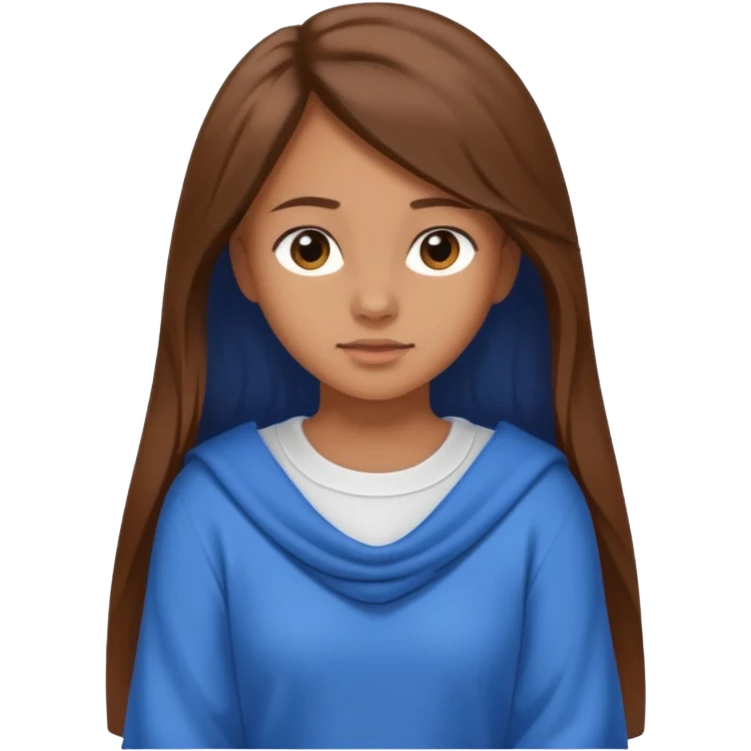 crea una ragazza giovane con i capelli marroni lunghi, una camicia bianca e un maglioncino blu appoggiato sulle spalle emoji