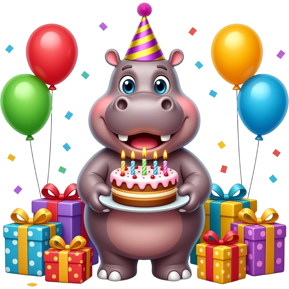 Hippo birthday! Holding cake and gifts  ! Party hat and and happy on its birthday and all the accessories and celebrations celebrating its day :) emoji