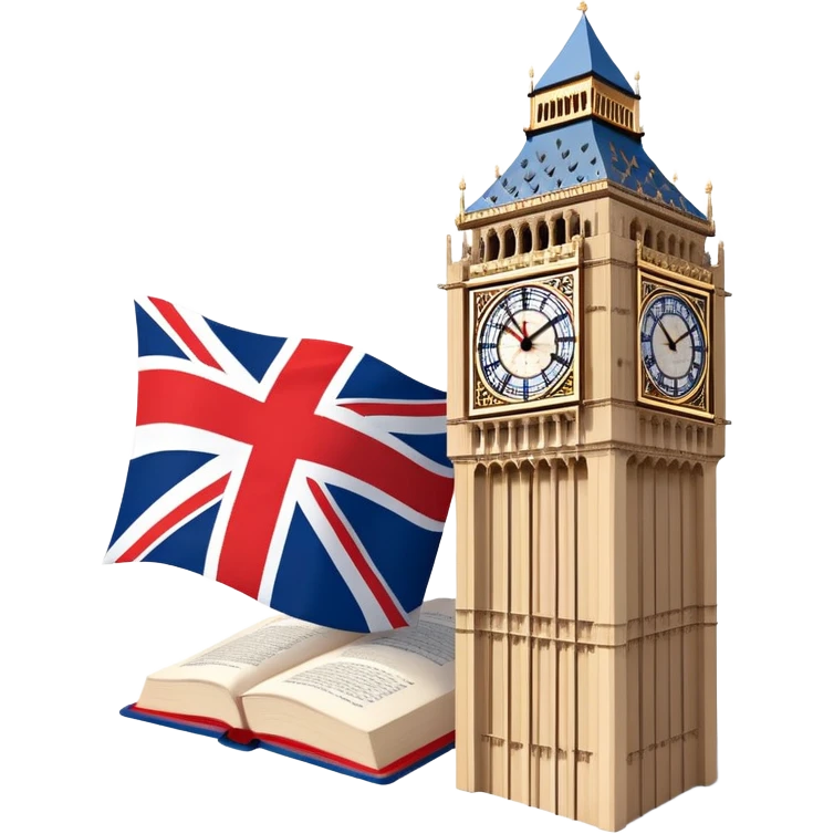 An icon featuring the Big Ben clock tower and the flag of the United Kingdom, symbolizing the English language. The design includes an open book with English words and phrases, representing language learning and cultural exploration. Transparent background  emoji