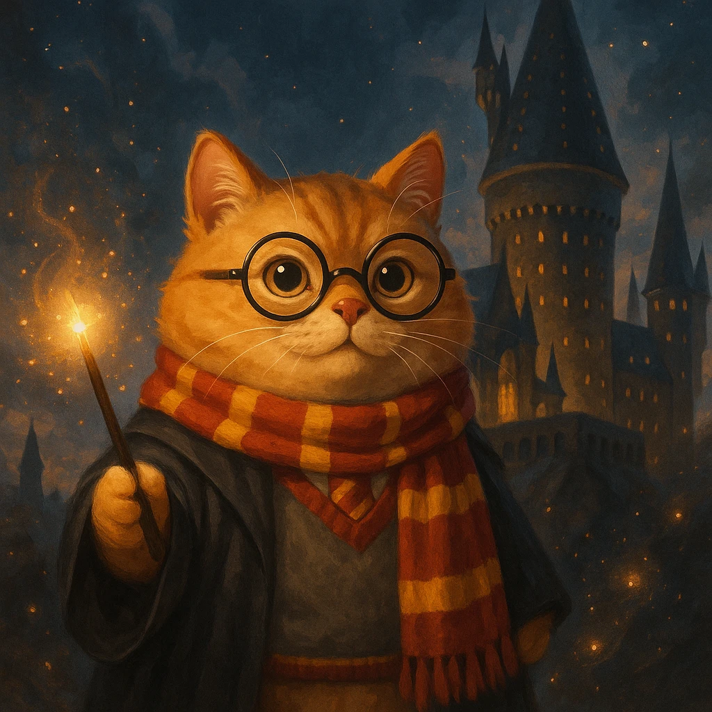 a chubby orange cat holding a wand, dressed as Harry Potter, Hogwarts background, magical, fantasy emoji