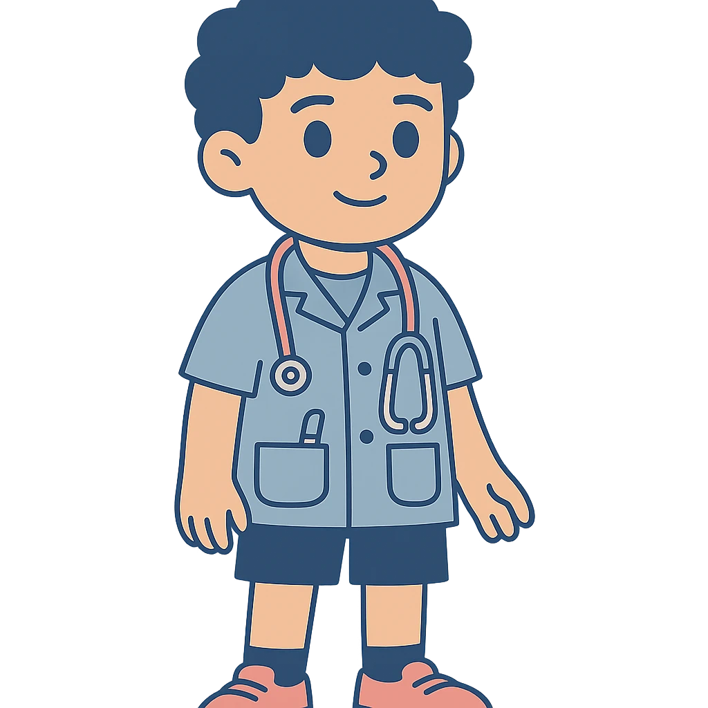 stylized 2D game character of a young boy doctor, 8–10 years old, curly brown hair, big brown eyes, light blue pediatrician shirt with pockets (pen and tongue depressor), pink and silver stethoscope, blue shorts, red sneakers, black socks, soft lighting, vibrant, wholesome, friendly, educational game vibe emoji