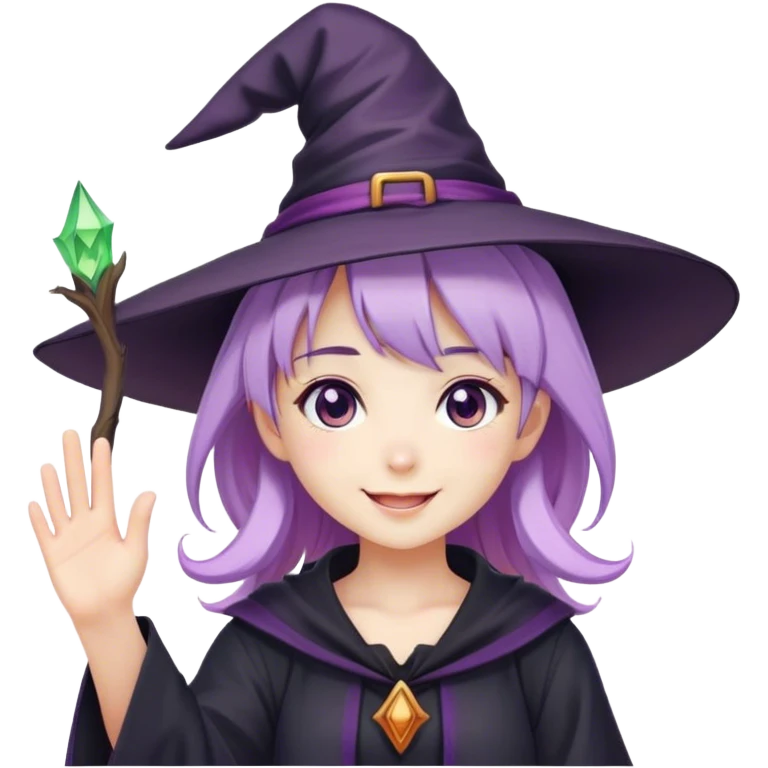 anime girl with lilac hair in a witch hat waving and smiling emoji