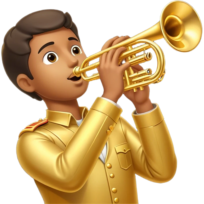 Cinematic Realistic Trumpet, polished brass with warm golden reflections, intricate valve details subtly highlighted, soft hands pressing the keys, glowing with bold and triumphant musical energy. emoji