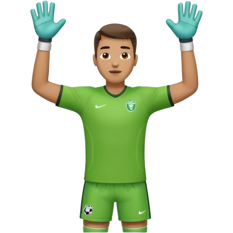 goalkeeper, standing, wearing a green shirt, shorts, socks and football trainers, with arms raised emoji
