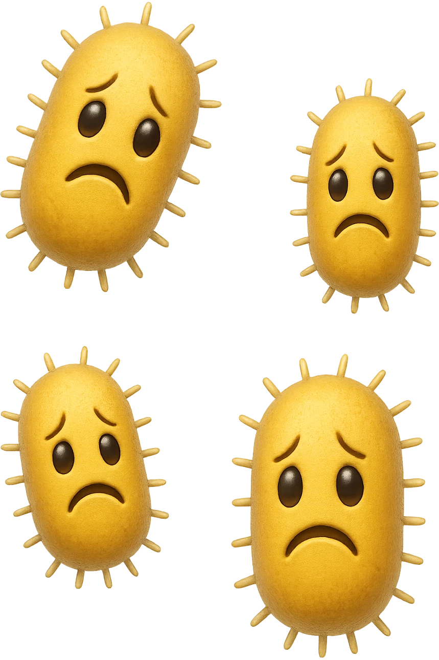 emoji stile iphone di batteri intestinali con espressione triste che fluttuano in aria, iperrealistico 4k, isolato su sfondo bianco emoji