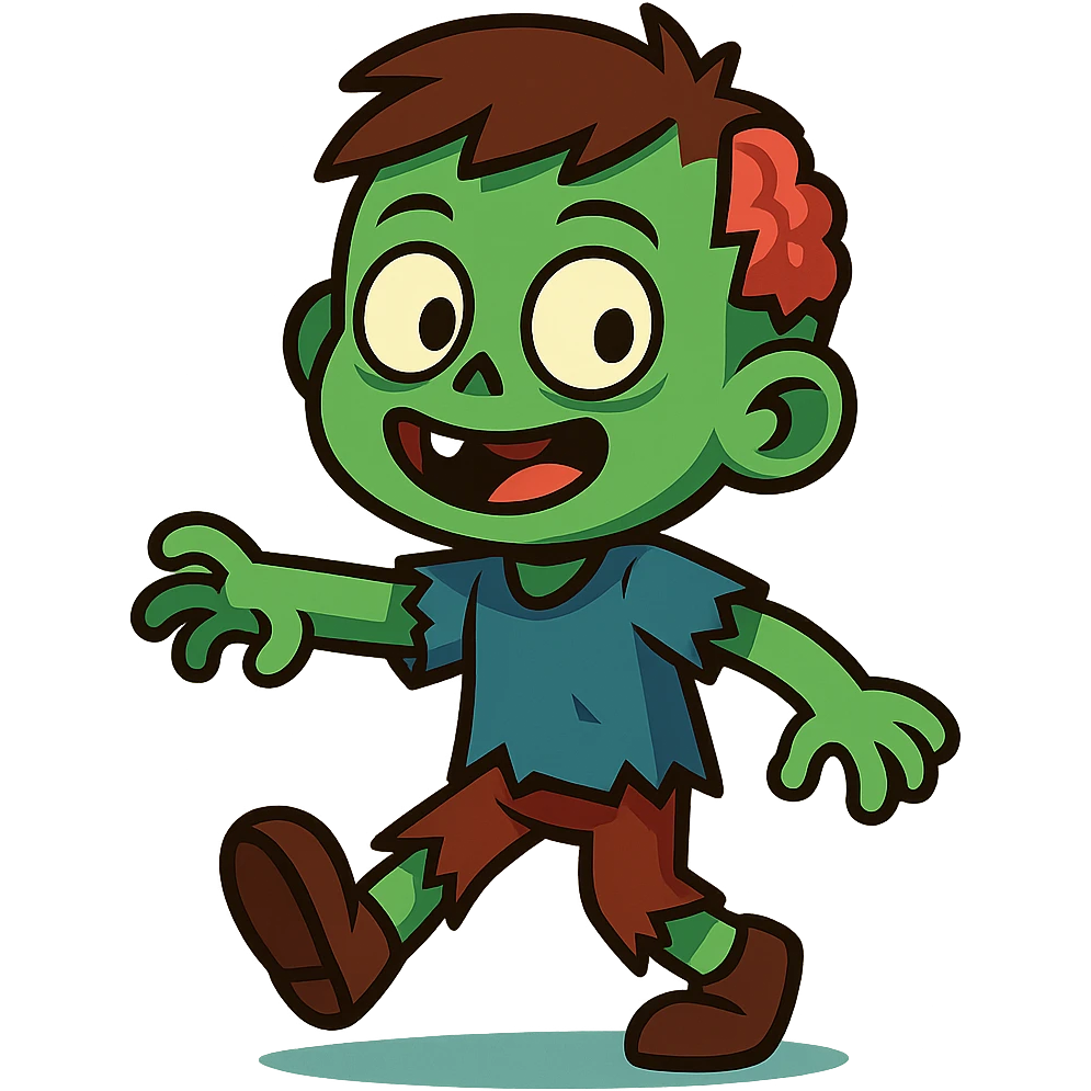 zombie boy, cartoonish, greenish skin, tattered clothes, playful expression emoji