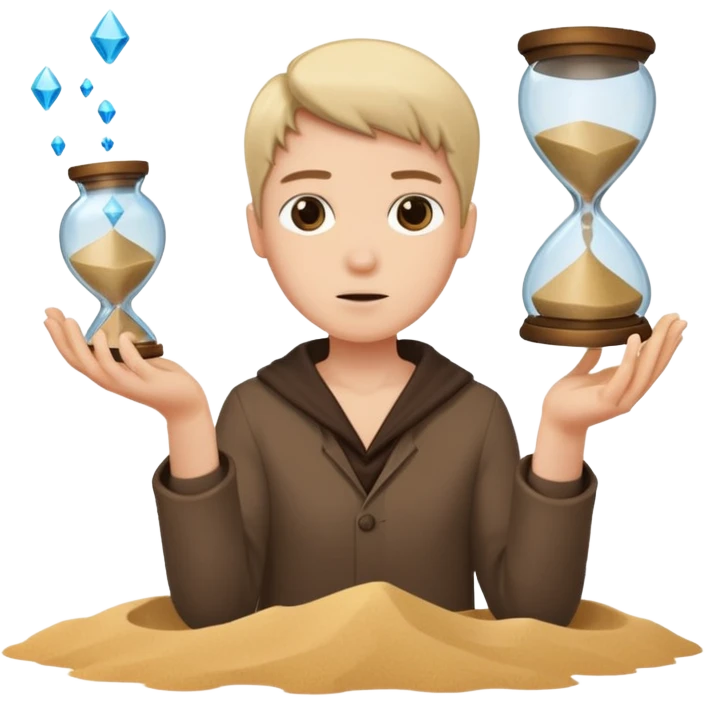 Character holding a broken hourglass, sand frozen mid-air emoji
