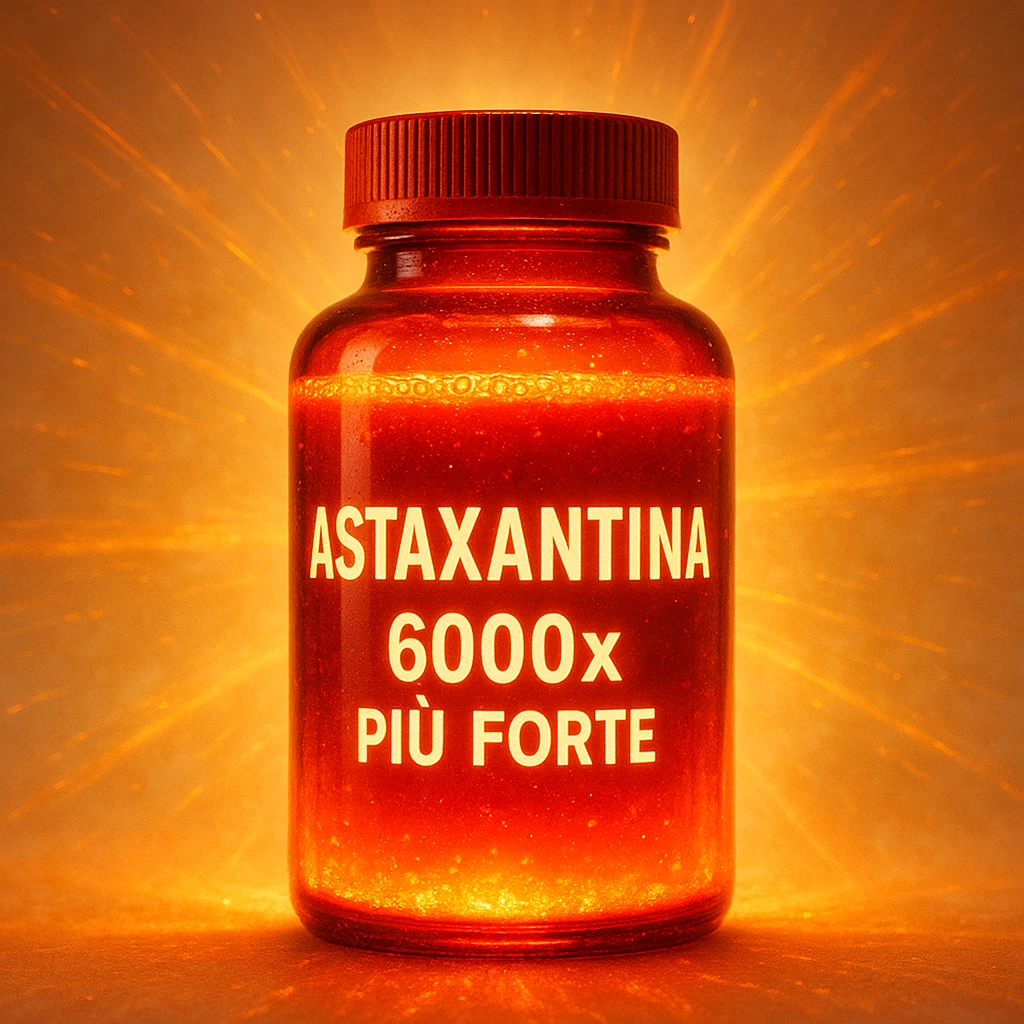 hyper realistic astaxanthin with glow effect and orange, luminous red bottle, text '6000x più forte', energetic atmosphere, light background emoji