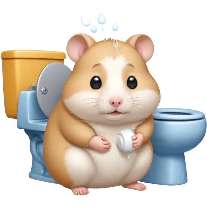 Cute chubby cartoon-style hamster sitting on toilet pooping looking as if he had an accident emoji