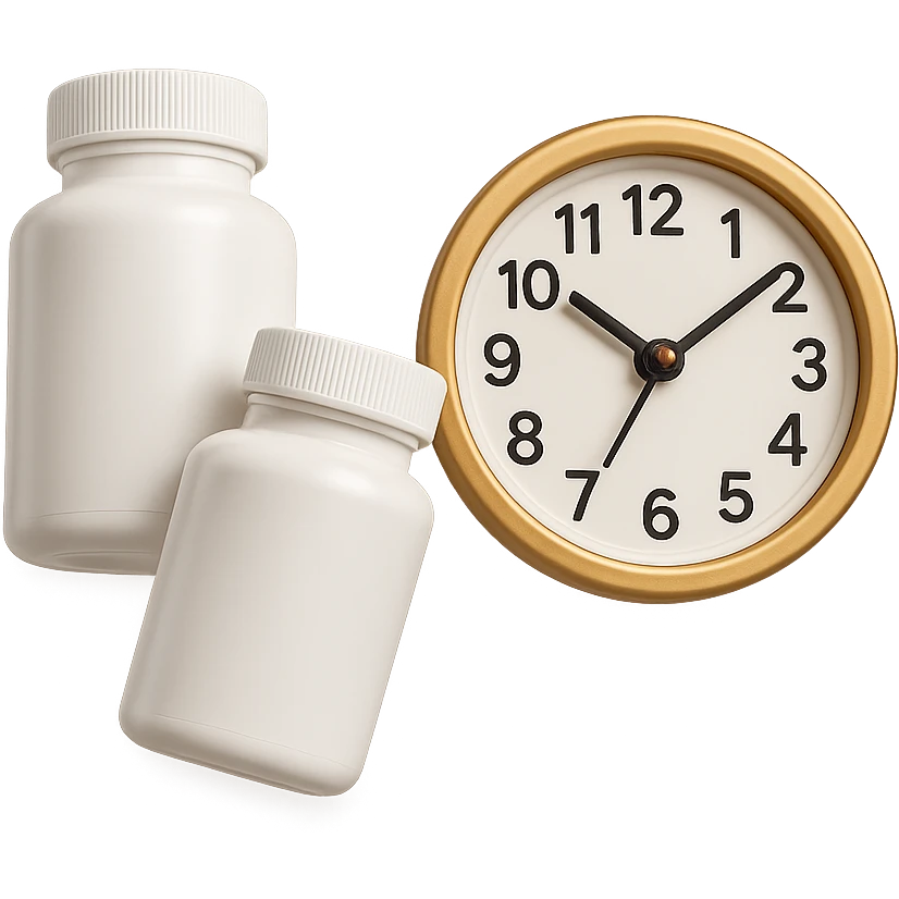 DUE BOCCETTE DI INTEGRATORI BIANCHE FLUTTUANO IN ARIA INSIEME AD UN OROLOGIO DA MURO IN STILE EMOJI IPHONE, IPERREALISTICA 4K emoji