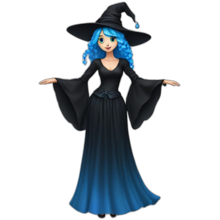 Blue-haired blue-eyed witch in black full skirt full length emoji