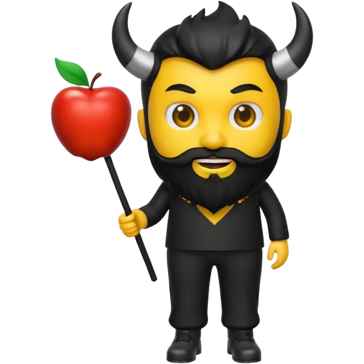 3D yellow heart emoji, devil face, full black beard, black horns and tail. Top: Italian flag. Bottom: Cornish flag trousers. Apple style, glossy, white background. emoji