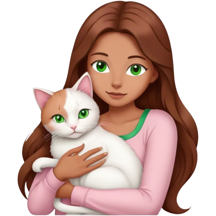 woman with very long brown hair and green eyes in a light pink outfit hugging a white cat emoji