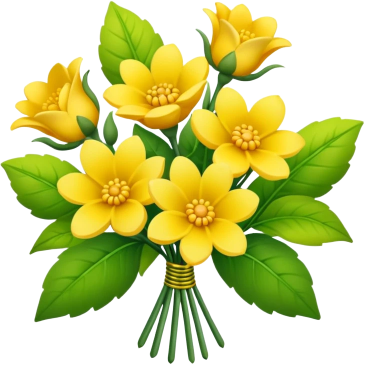 Generate a high-quality image of a bouquet of flowers dominated by yellow blooms, with a mix of green leaves, realistic colors and shading, smooth gradient colors, no human figures, no facial features, no brand markings, simple white background, high-resolution.
 emoji