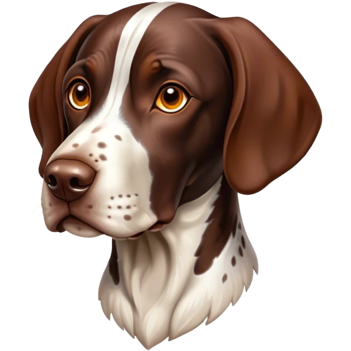 Cinematic German Pointer Portrait Emoji, Elegant and alert, sleek brown and white tones, Simplified yet sharp features, highly detailed, glowing with a warm, confident glow, high shine, intelligent and poised, stylized with an air of grace, focused and attentive, soft glowing outline, capturing the essence of agility and loyalty, so lifelike it feels as though it could spring into motion at any moment! emoji