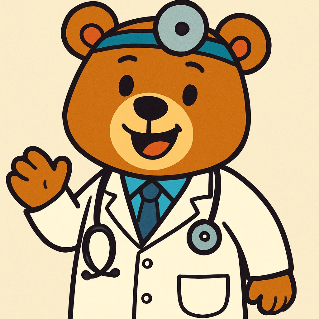 bear doctor, cartoon style, wearing a white coat and stethoscope, cheerful, vibrant toon style emoji