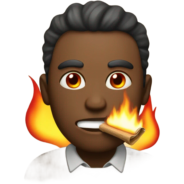 Make a man with red eyes with a brown rolled piece of paper in his mouth lit on fire   emoji