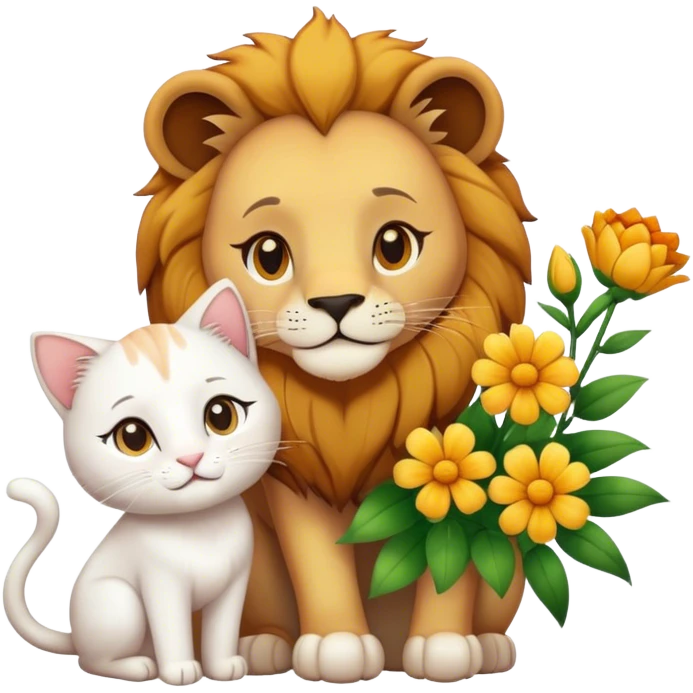 Lion give white cat flowers emoji