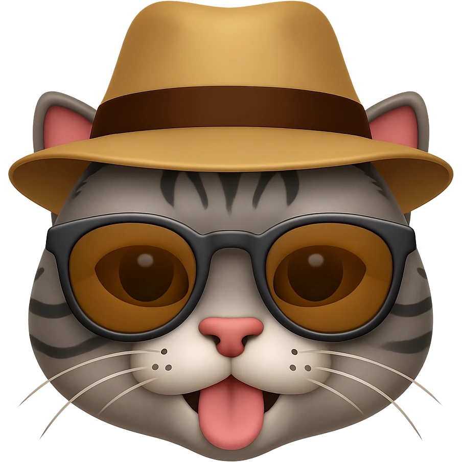 Edit the image of a cat wearing sunglasses with a hat with a playful expression in an emoji style. Remove the background and keep the playful and cool vibe with sunglasses and a hat, resembling an emoji look. emoji