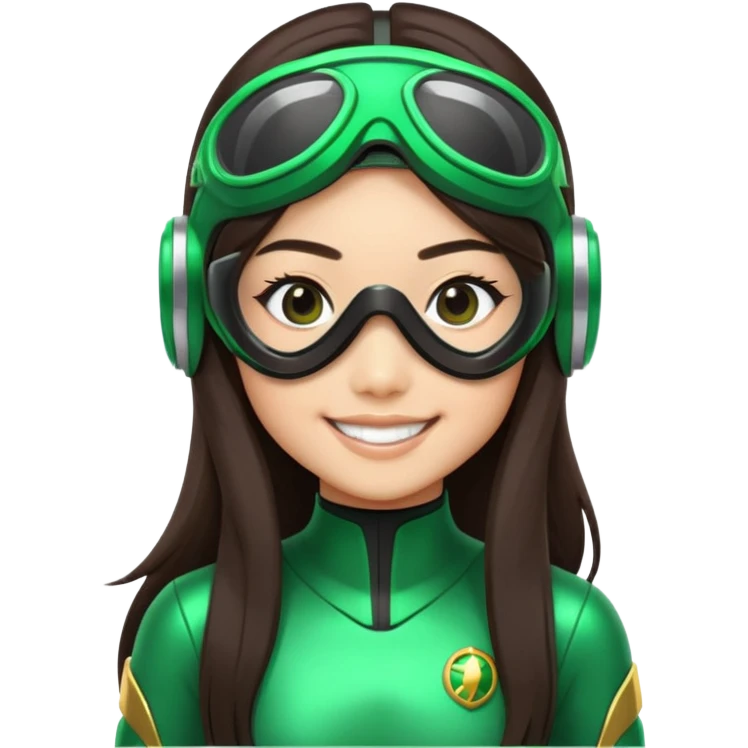 green Power Ranger, Asian girl with long straight dark brown hair, side part, big smile, scuba goggles emoji