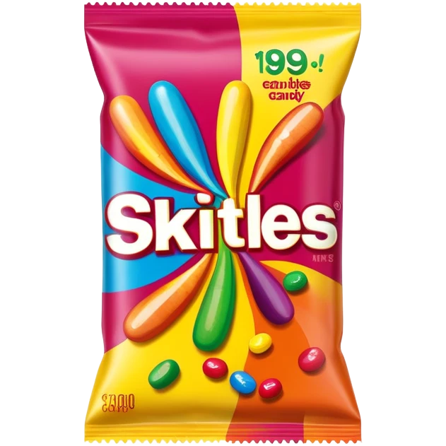 A Skittles candy package from the 1990s with extreme 90s American design, wild patterns, vibrant colors emoji
