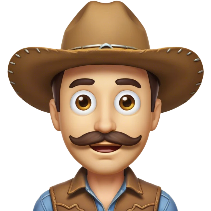 Clash of Clans aesthetic Comical Cowboy Portrait Emoji, Head tilted dramatically with an exaggerated, fun expression and wide, comically expressive eyes, featuring a rugged yet cartoonish build with a playful cowboy hat and quirky mustache, his natural skin tone evident, Simplified yet hilariously expressive features, highly detailed, glowing with a slightly sassy western glow, high shine, dramatic yet playful, stylized with an air of cheeky frontier mischief, soft glowing outline, capturing the essence of a meme-worthy cowboy bringing humor to epic quests! emoji
