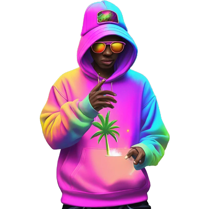 Multicoloured neon person smoking wearing hoodie dancing hip hop bucket hat tropical Skater fashion aesthetic baggy clothes graphic t shirt 420 emoji