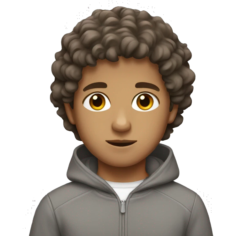 Boy with brown wavy hair, brown eyes, and a grey tracksuit emoji