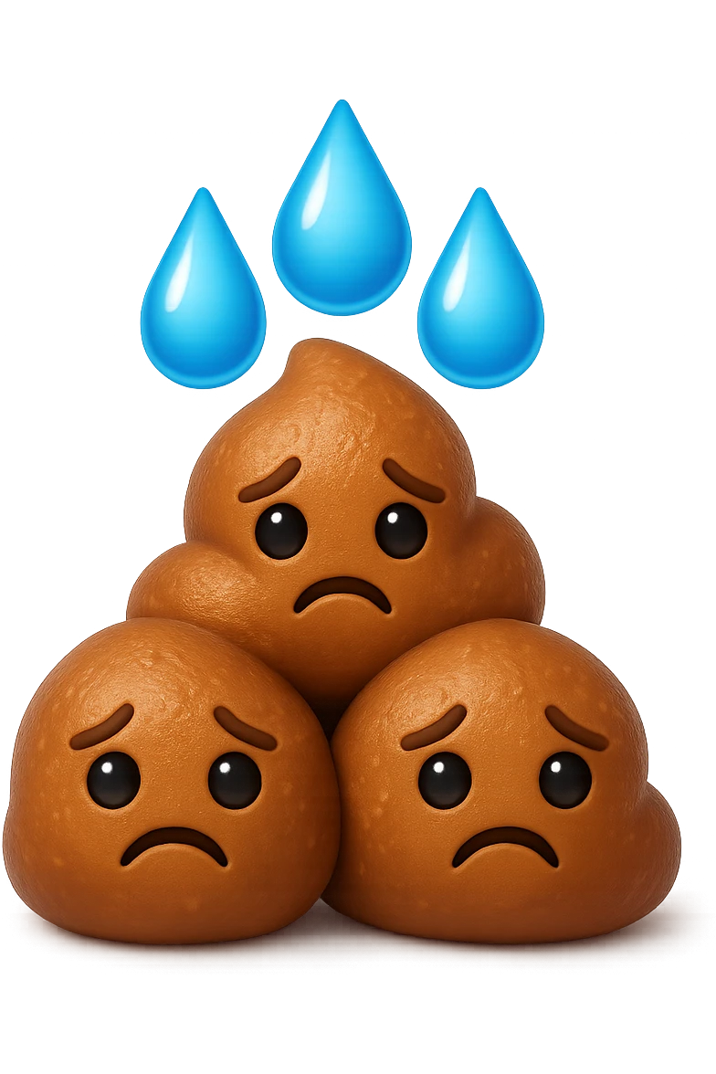 emoji stile iphone di una montagnetta di feci umane realistiche a palline tristi con sopra un simbolo delle gocce di acqua, iperrealistico 4k emoji