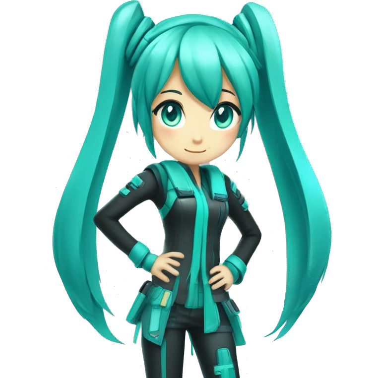 Hatsune Miku has long, turquoise green pigtails, a futuristic outfit, and striking teal eyes emoji