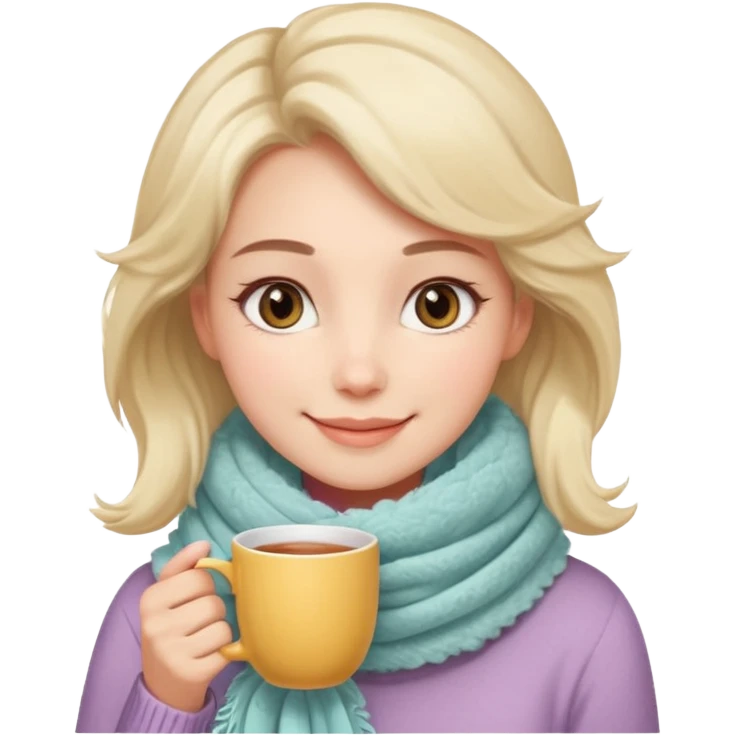 A warm-looking woman with a fluffy pastel scarf, smiling softly while holding a cup of tea. emoji