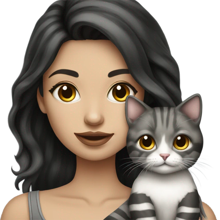 Beautiful dark haired tattooed woman holding gray and white stripe long haired cat emoji