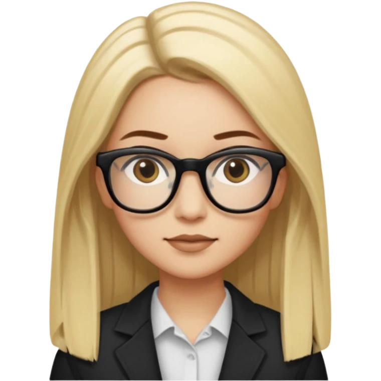 A woman with light skin tone, long straight blonde hair parted to the side, large brown eyes, wearing black-framed glasses, and a neutral expression with a slight smile. emoji