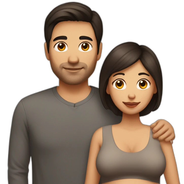 Latin pregnant woman with dark brown medium-long hair and a husband with short dark brown haircut without a mustache or beard emoji