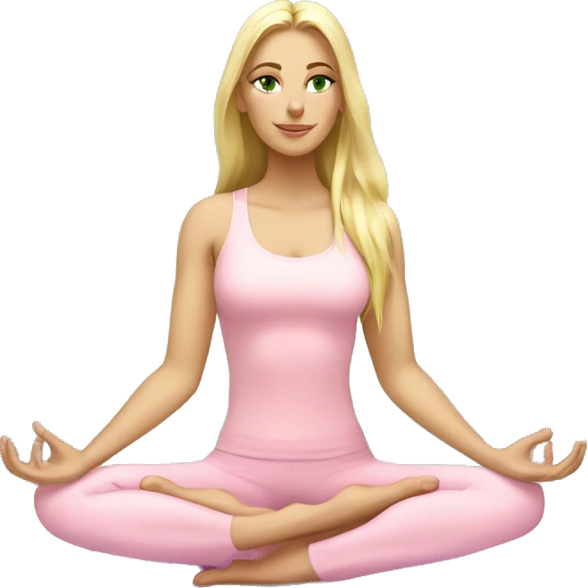 blonde long hair and green eyes yoga girl in light pink clothes sitting on a yoga mat emoji