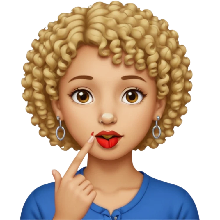 faça uma mulher com o cabelo curtinho cacheado com piercing no nariz e brincos e o dedo indicador no canto da boca emoji