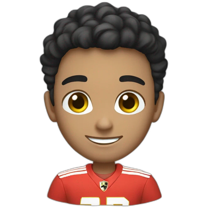 A smiling white teen with a long face in red Ferrari jersey with very short black hair and light green eyes and dig cheeks emoji