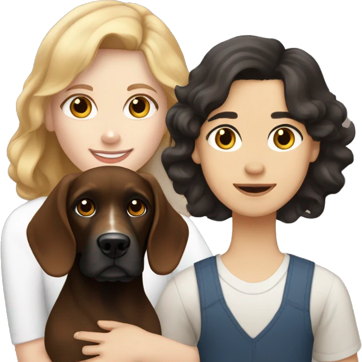 Brown-haired white-skinned girl and black-haired tan-skinned boy with a white and brown cocker spaniel. emoji