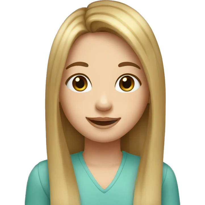 happy girl with porcelain face and FRECKLES, blue-green eyes, long straight brown hair with blonde highlights and curtain bangs emoji