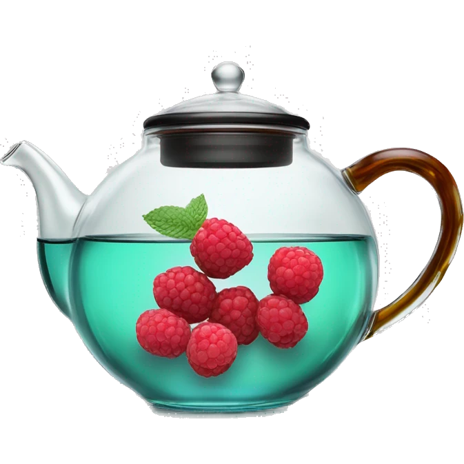 transparent glass teapot for tea brewing, inside of which is black tea with tiny raspberries, lemon and mint and cinnamon emoji