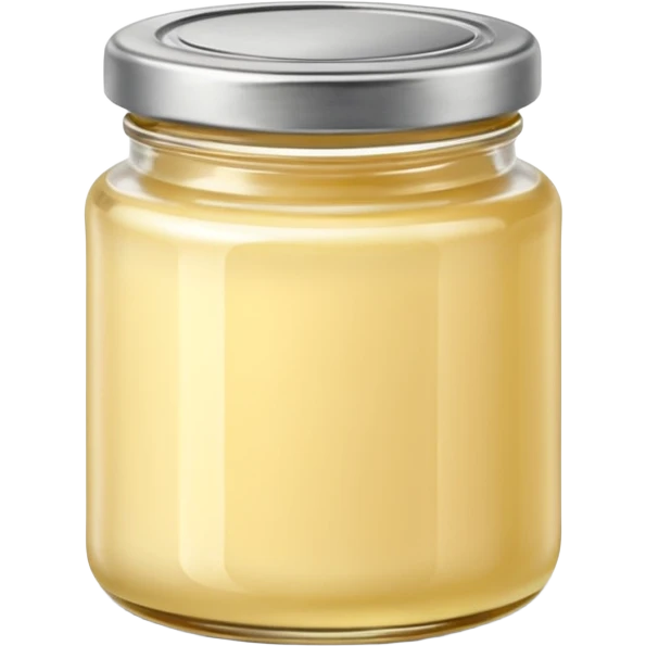 small squat glass jar of pale yellow duck fat with a metal lid, creamy layer visible, no label or extras, soft lighting, subtle shadows, emoji scale emoji