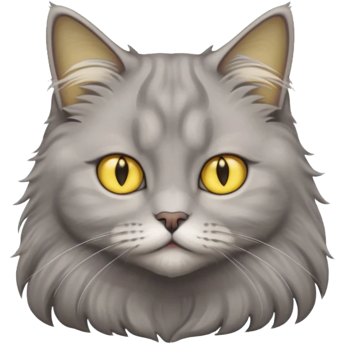 grey fluffy british long hair cat with yellow eyes cuteer without furr in the ears emoji