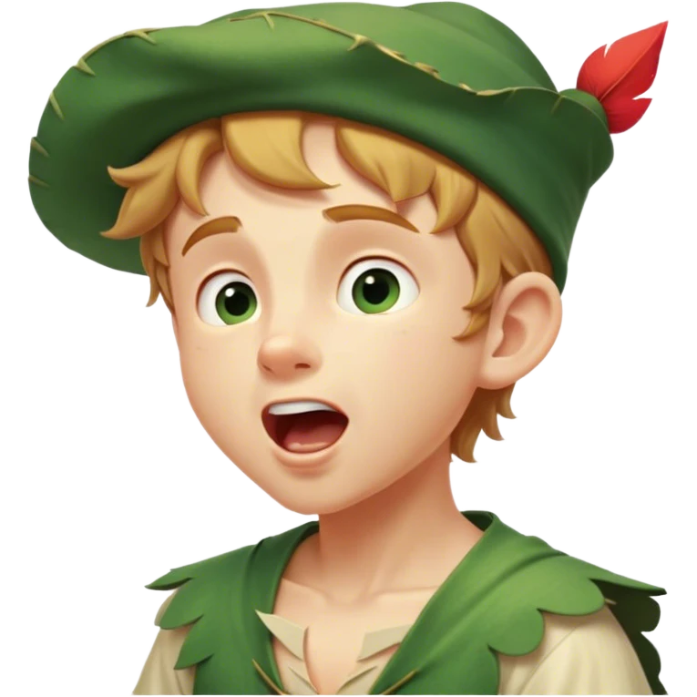 Cinematic Realistic Peter Pan Portrait, head tilted slightly with a dramatic, wide-open yawn, revealing a relaxed yet spirited expression. His detailed tunic and cap, paired with a gentle, ambient glow, capture a tender moment of vulnerability amidst his eternal quest for adventure. emoji