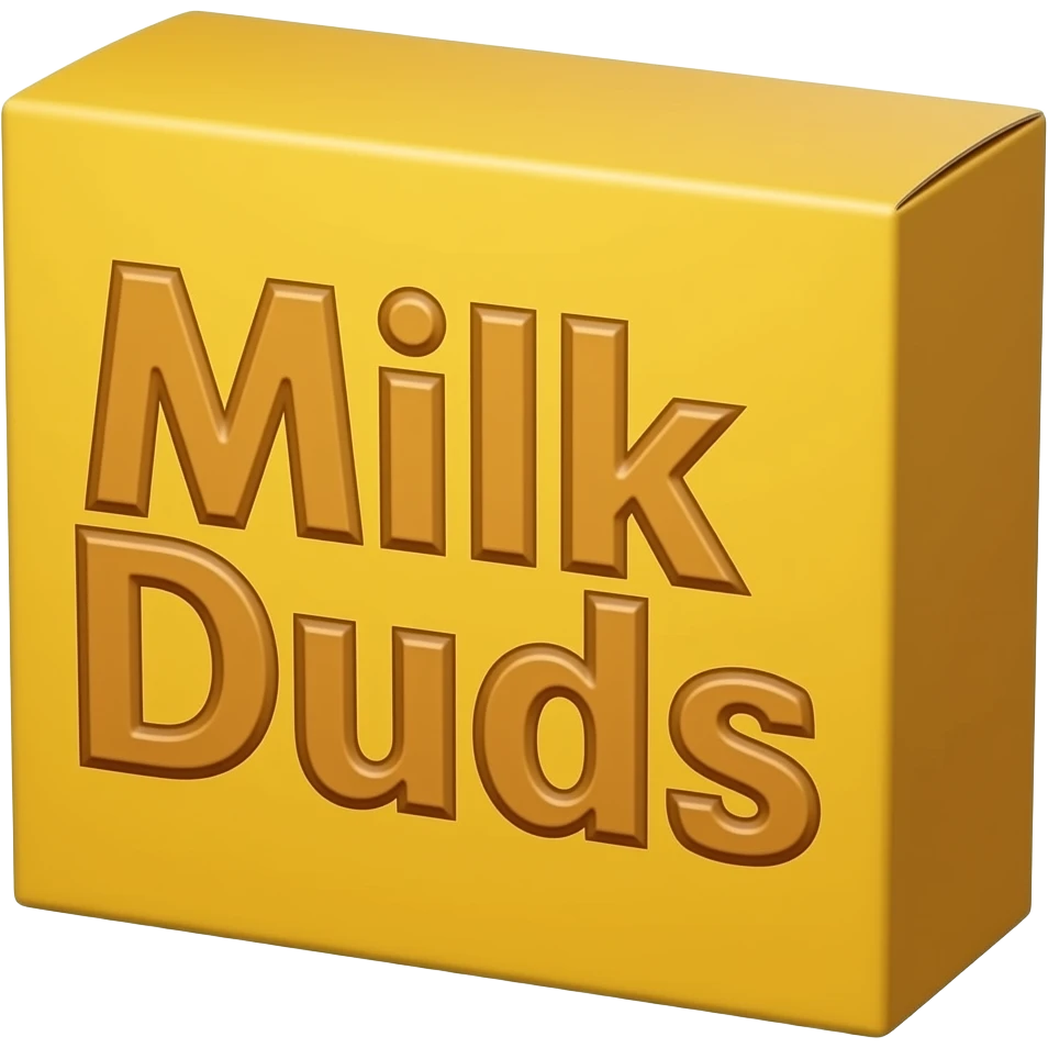 Rectangular yellow cardboard box with round Carmel candies depicted and says Milk Duds on the front emoji