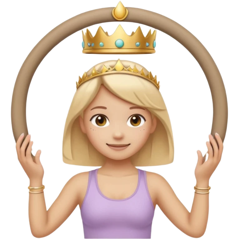 Cute emoji sticker of a girl holding a Pilates ring (magic circle) with both hands, squeezing it. She is smiling, wearing a tiny crown and beige activewear. Pastel accents, kawaii style, clean white outline, transparent background. emoji
