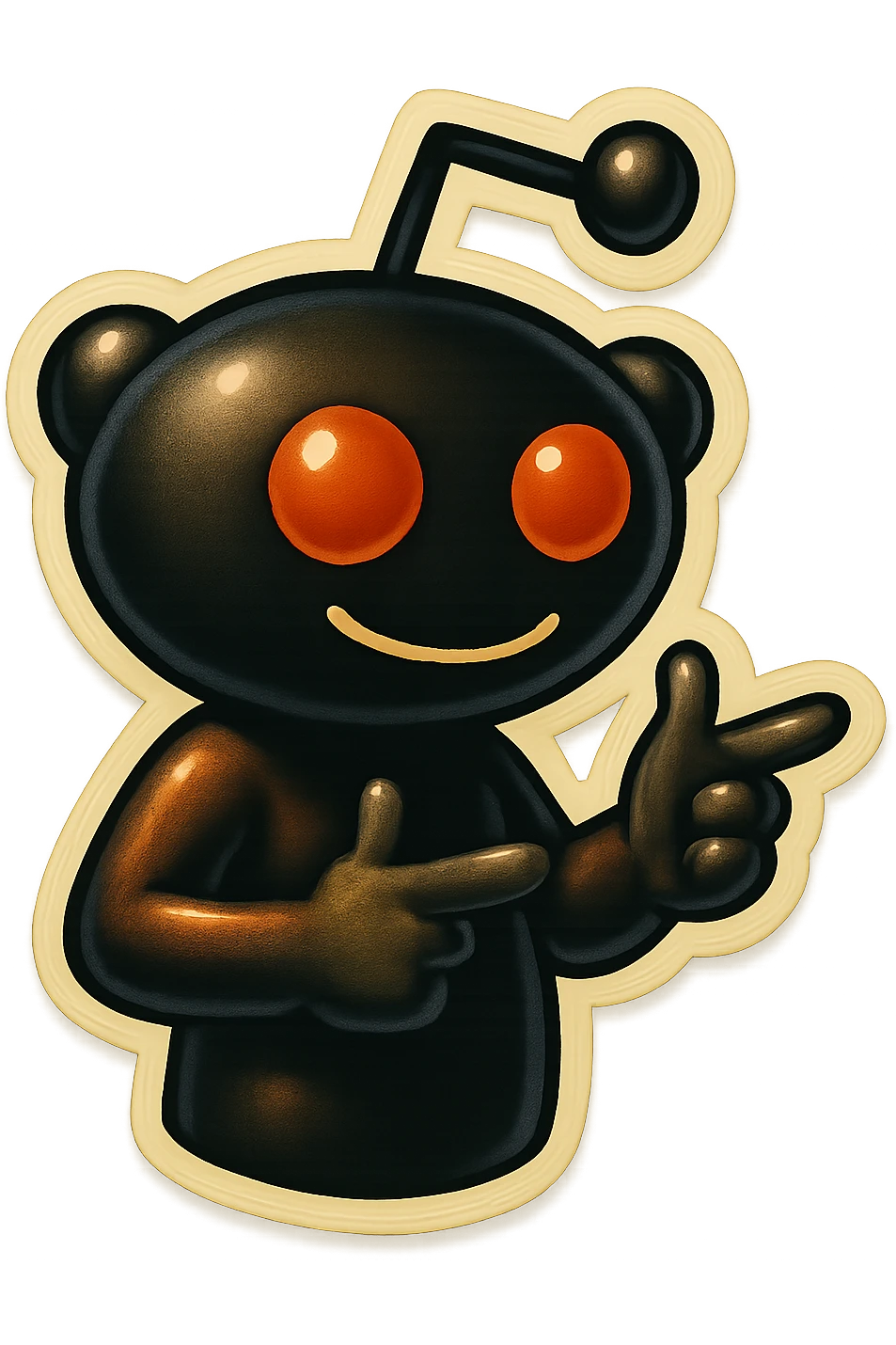 Edit the Reddit Snoo mascot to be doing finger guns, keeping the same style and proportions as the original. Use a simple background. emoji